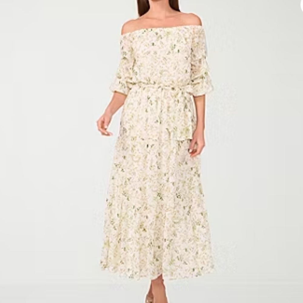 Sam And Jess Ivory Green Floral Tie Waist Off The Shoulder Midi Dress Plus Size
